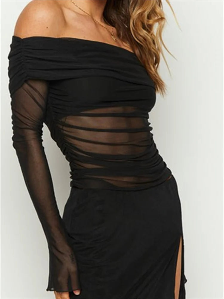 Josie Black Mesh Off Shoulder Ruched long sleeve