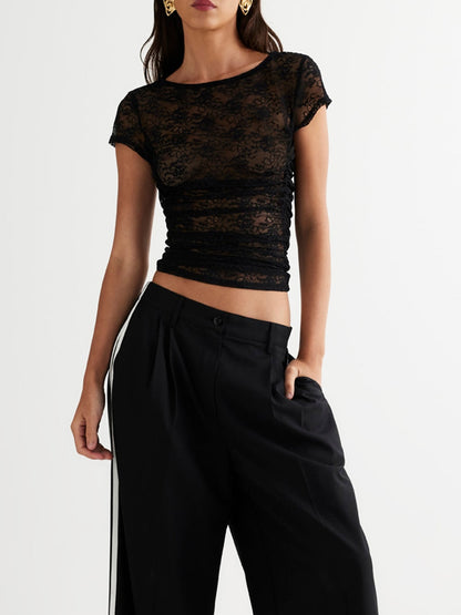 Hynes Black mesh lace short sleeve Top