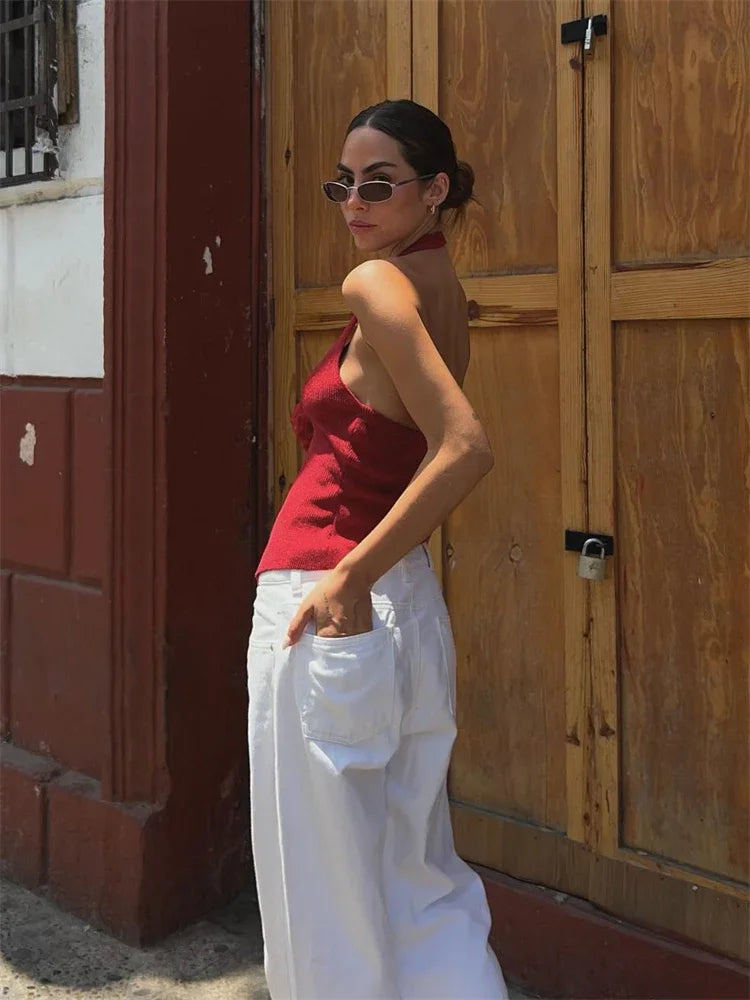 Red V-Neck Backless Vest Top