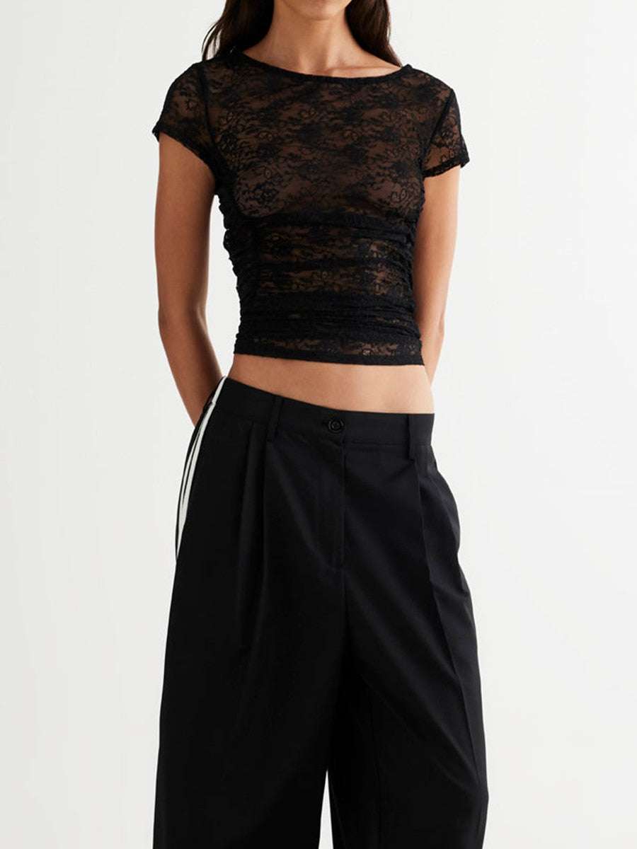 Hynes Black mesh lace short sleeve Top