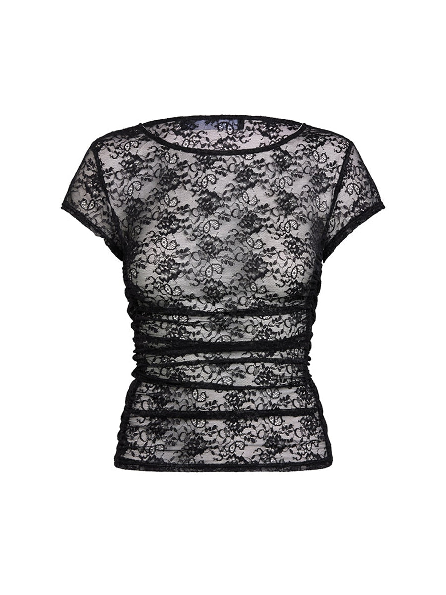 Hynes Black mesh lace short sleeve Top